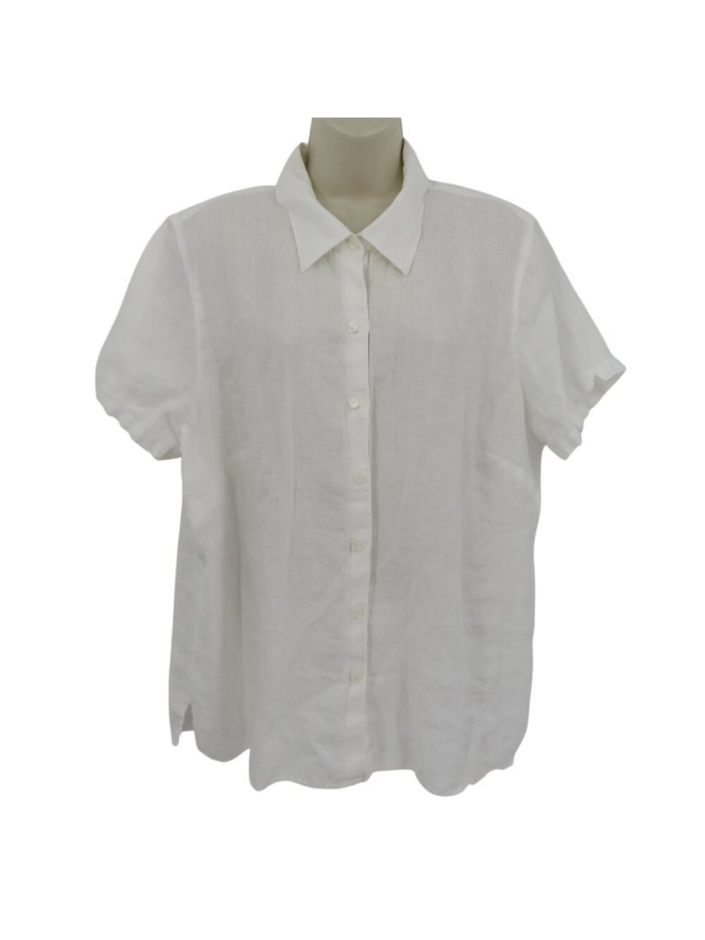 LL Bean Women Plus 1X Linen White Collar Short Sleeve Button Front Shirt Top